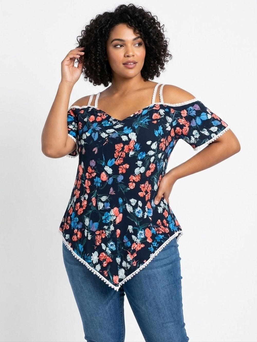 Rose Gal Plus Size Floral Off-Shoulder Dress with Lace Trim